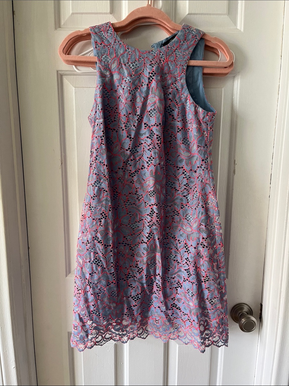 Cynthia Steffe Blue Lace Overlay Dress with Pink Accents